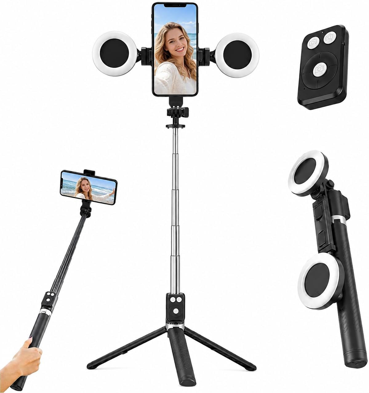 Black Tripod for Iphone with Light, Ring Light Holder for Iphone, Adjustable Selfie Stick Stand with Fill Light, Extendable Phone Tripod for Video Recording, Live Streaming, and Photography