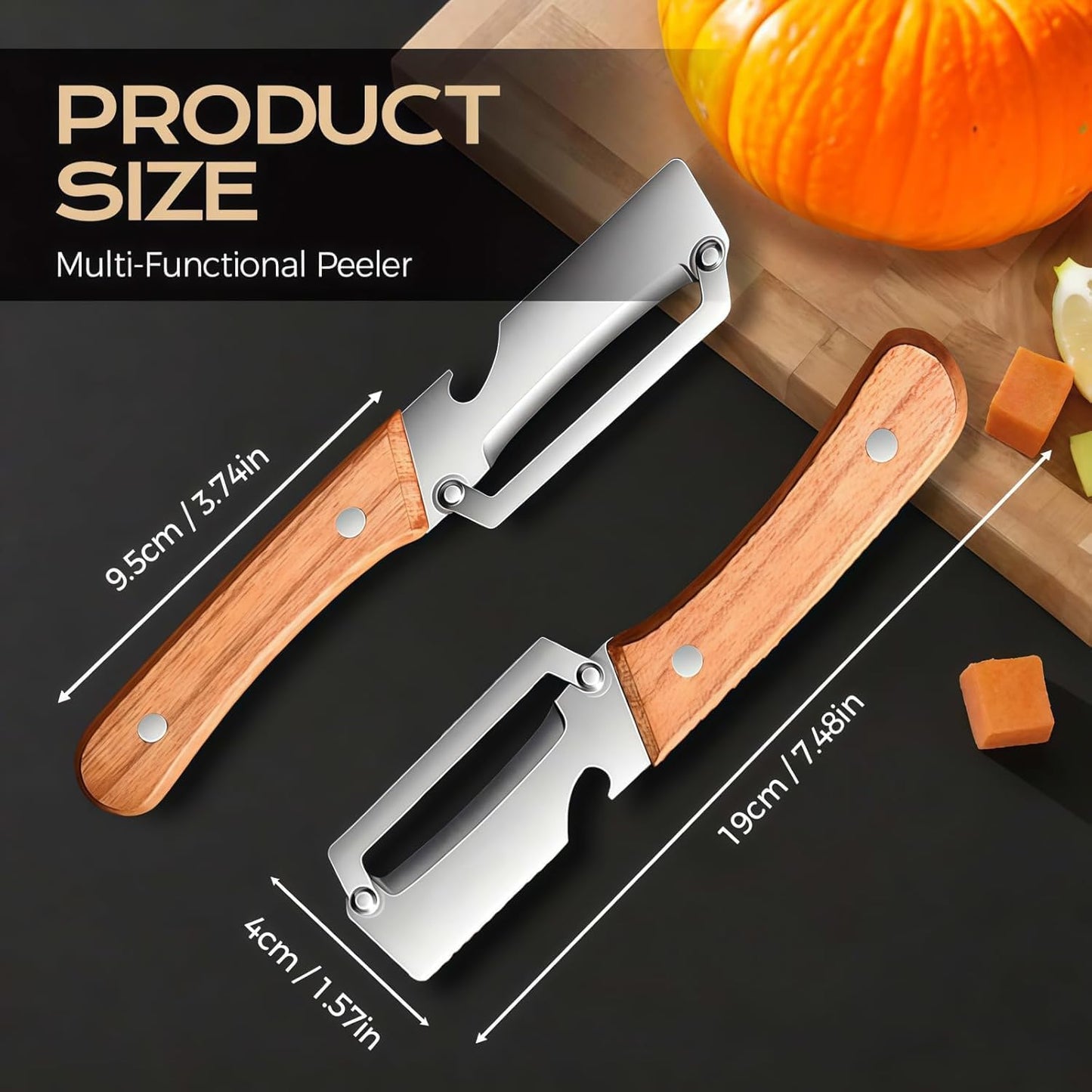 2Pcs Multifunctional Vegetable Peeler, 2-In-1 Peeler for Kitchen Stainless Steel Blade with Wooden Handle and Bottle Opener,Ultra-Sharp Kitchen Tool Vegetable and Fruit