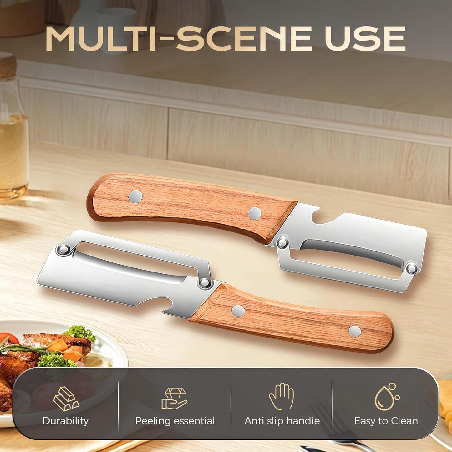 2Pcs Multifunctional Vegetable Peeler, 2-In-1 Peeler for Kitchen Stainless Steel Blade with Wooden Handle and Bottle Opener,Ultra-Sharp Kitchen Tool Vegetable and Fruit