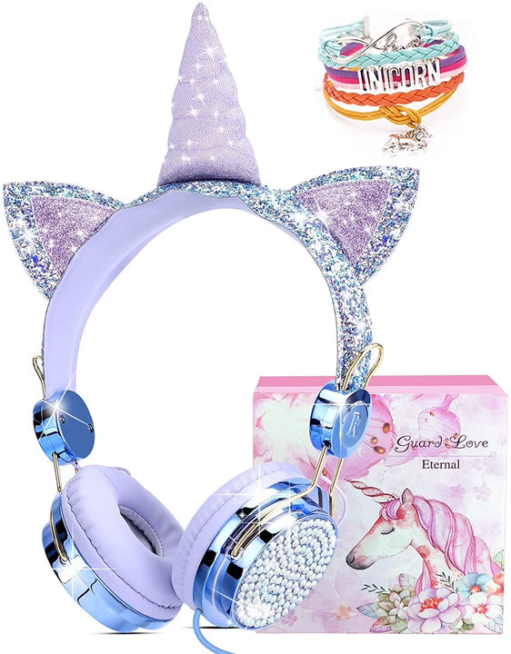 Unicorn Kids Headphones for Girls Children Toddler Teens, Cat Ear Wired Headphones W/Microphone 3.5Mm Jack, over on Ear Headset for School Birthday Gift, Christmas Unicorn Gift for Girls Kids