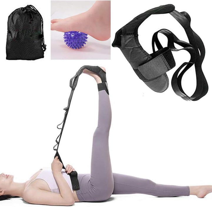 Foot and Calf Stretcher, Leg Stretcher, Hamstring Stretcher, Stretching Strap for Plantar Fasciitis, Heel Spurs, Foot Drop, Achilles Tendonitis, Included Bag and Massage Ball (Black)