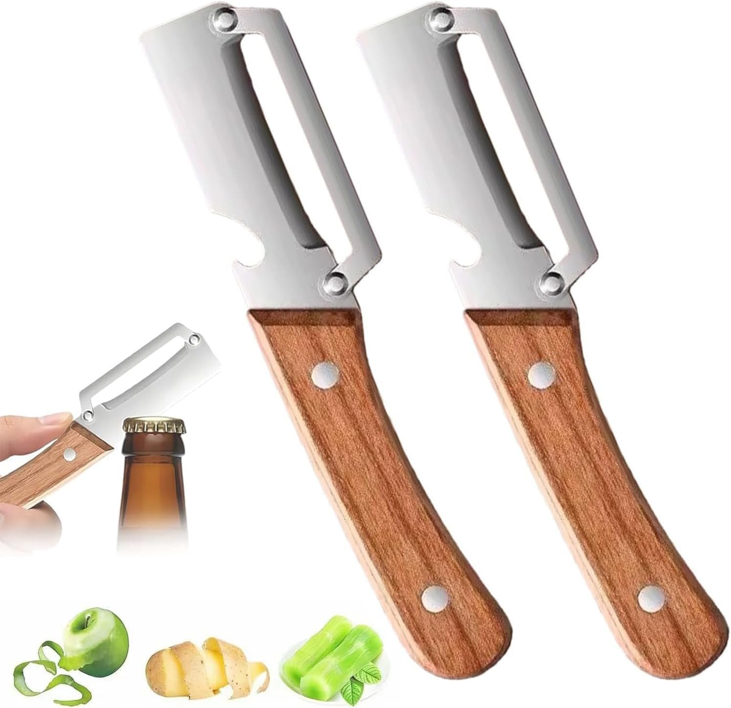 2Pcs Multifunctional Vegetable Peeler, 2-In-1 Peeler for Kitchen Stainless Steel Blade with Wooden Handle and Bottle Opener,Ultra-Sharp Kitchen Tool Vegetable and Fruit