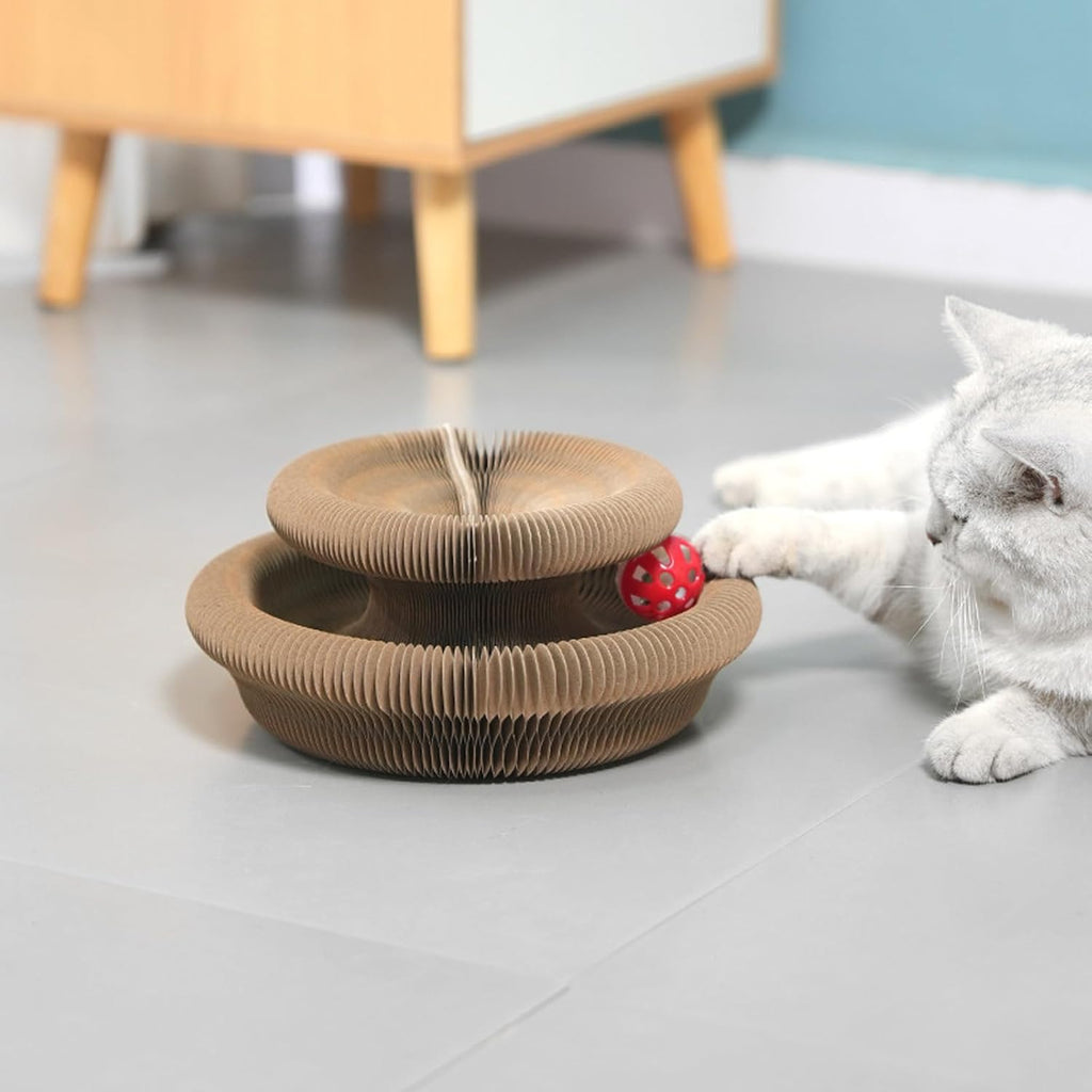 Kitty Curls Interactive Cat Toy - Foldable Accordion Scratch Pad with Ball, Recyclable Design (Pink)
