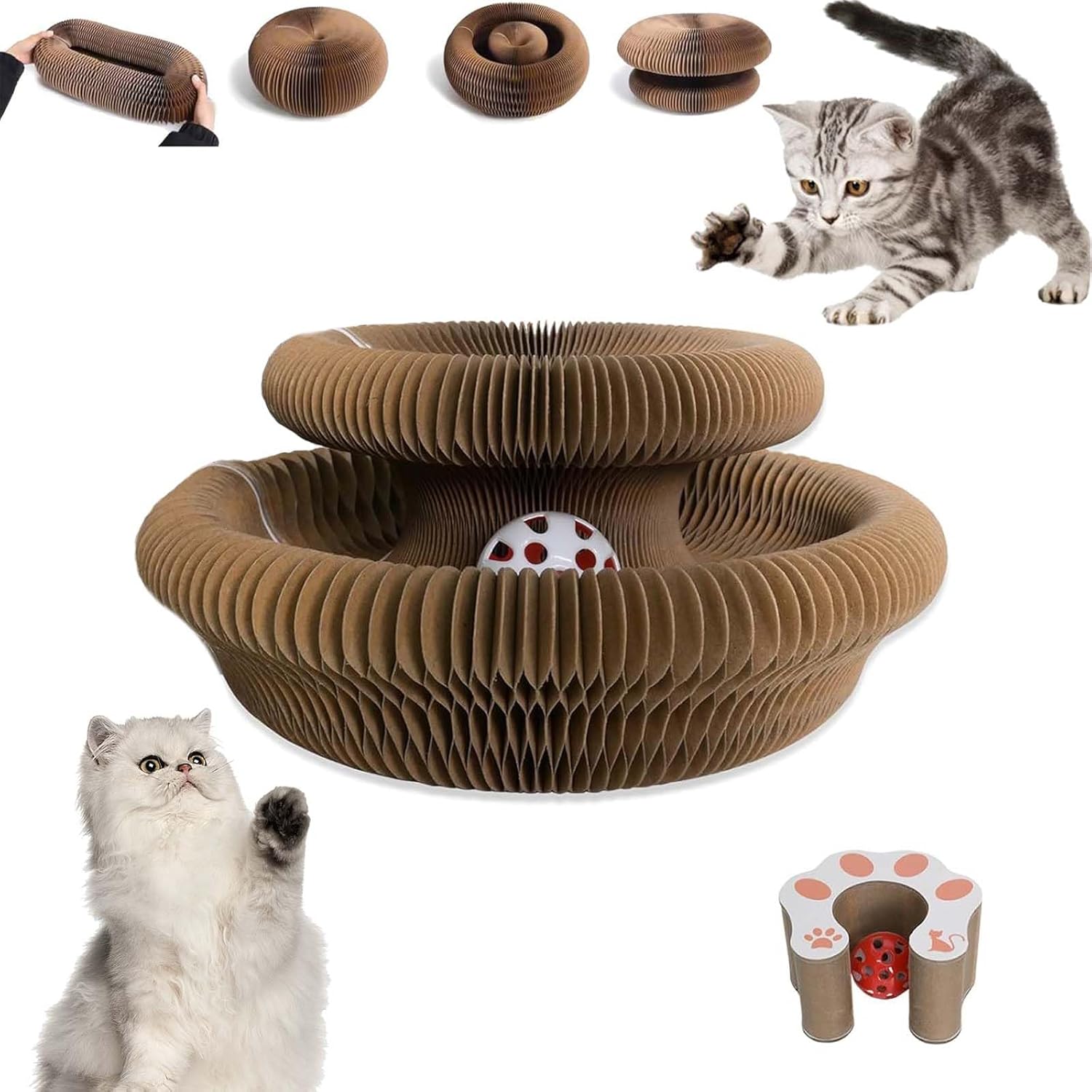 Kitty Curls Interactive Cat Toy - Foldable Accordion Scratch Pad with Ball, Recyclable Design (Pink)