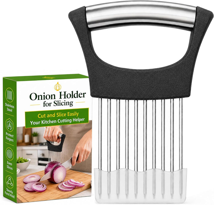 Stainless Steel Onion Holder & Slicing Guide – Non-Slip Handle, Safe & Even Cuts