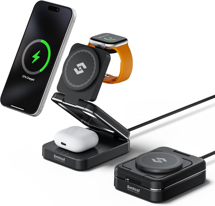 3-In-1 Foldable Wireless Charging Station: Magnetic Charger Pad Compatible with Phone Air 17 16 15 14 13 12 Series/Watch/Air Pods - Portable Folding Stand for Travel