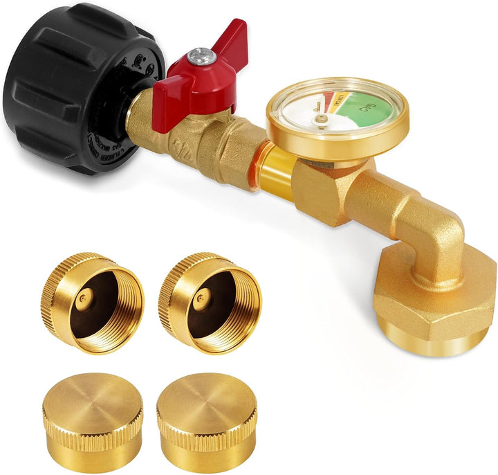 Propane Refill Adapter for 1 Lb. Tanks, Propane Refill Elbow Adapter with Valve and Gauge, Propane Adapter 20Lb to 1Lb Converter with 4 Caps for 1 Pound Propane Bottles
