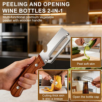 2Pcs Multifunctional Vegetable Peeler, 2-In-1 Peeler for Kitchen Stainless Steel Blade with Wooden Handle and Bottle Opener,Ultra-Sharp Kitchen Tool Vegetable and Fruit