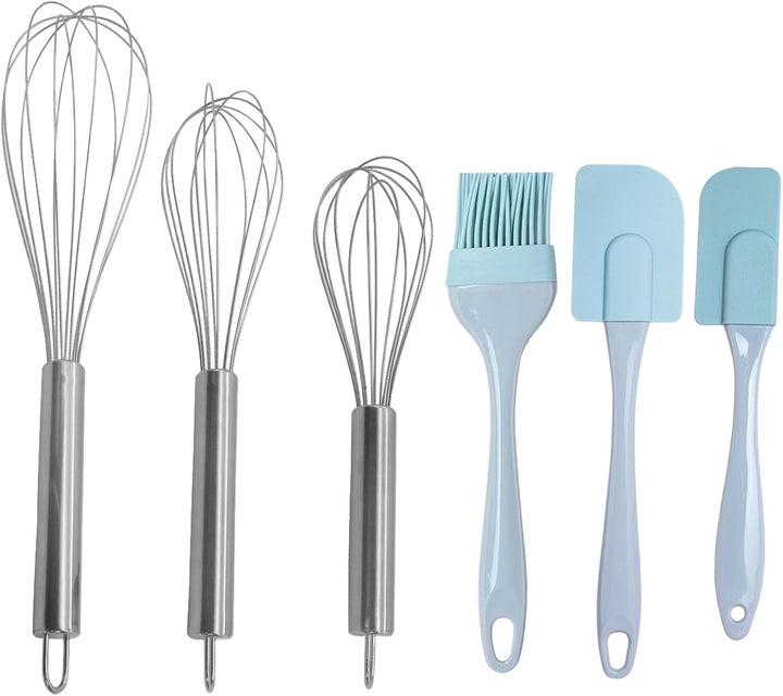 3 Pack Egg Whisk and Cooking Brush Scraper Set, Stainless Steel Wire Whisks for Kitchen Cooking Blending Whisking