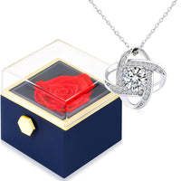 Preserved Red Real Rose with 925 Sterling Silver Love Knot Necklace Eternal Forever Flowers Gift for Girlfriend, Wife Daughter Mom on Birthday Chrismas Valentines Day Anniversary