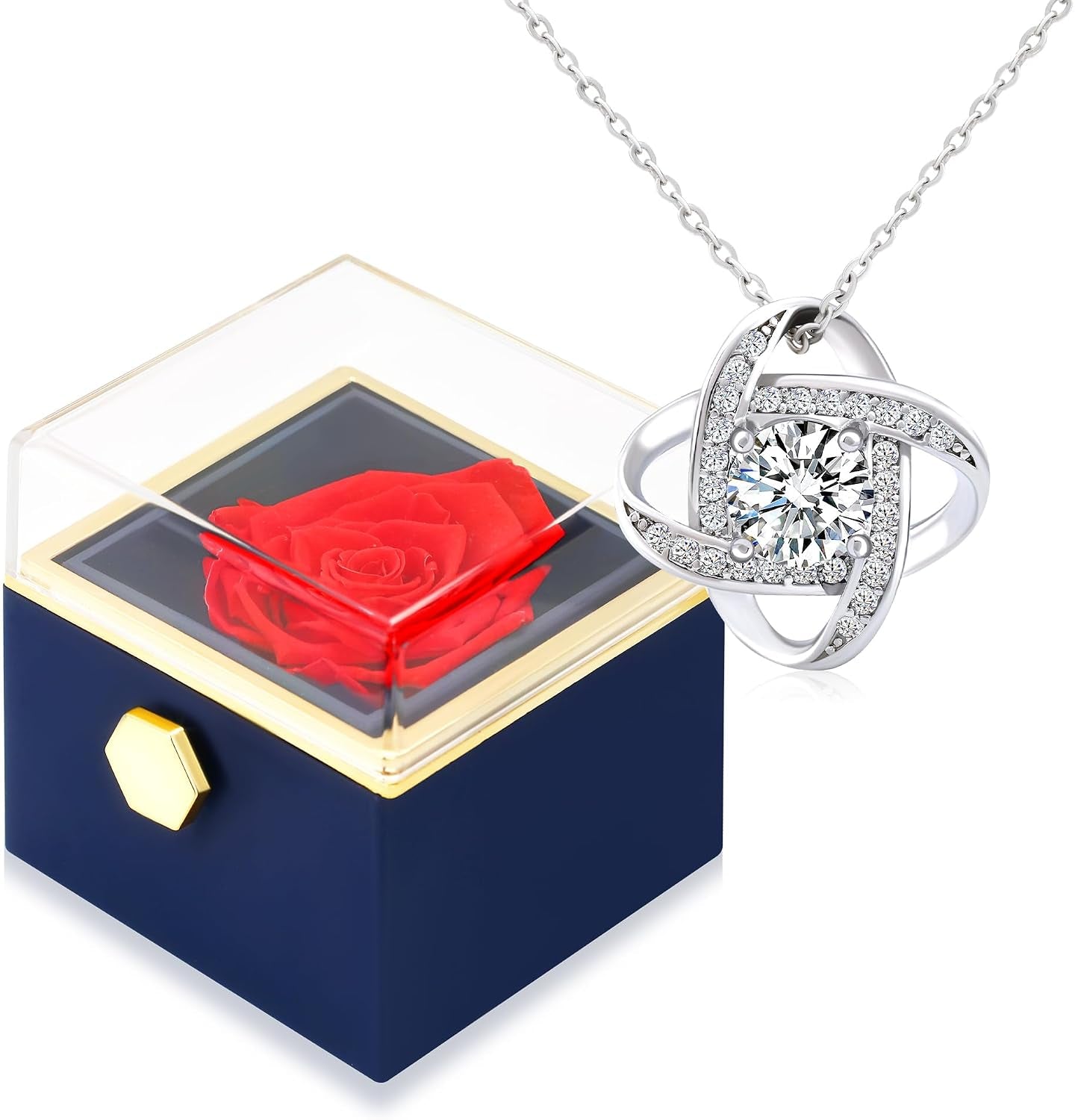 Preserved Red Real Rose with 925 Sterling Silver Love Knot Necklace Eternal Forever Flowers Gift for Girlfriend, Wife Daughter Mom on Birthday Chrismas Valentines Day Anniversary