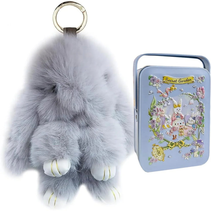 Fluffy Bunny Plush Keychain with Tin Box