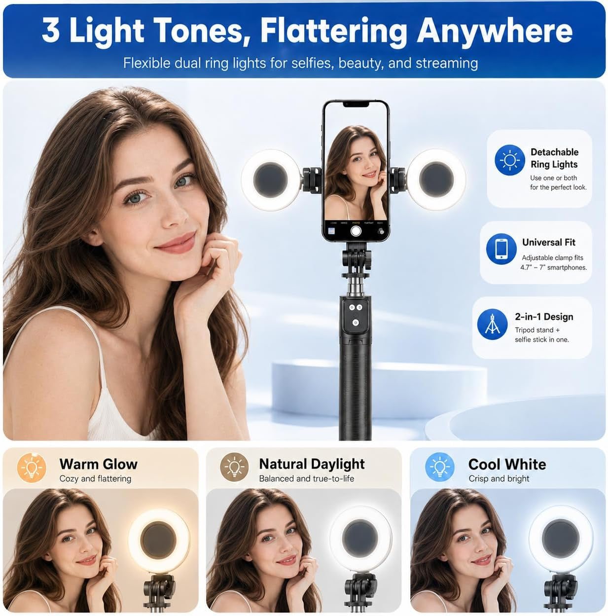 Black Tripod for Iphone with Light, Ring Light Holder for Iphone, Adjustable Selfie Stick Stand with Fill Light, Extendable Phone Tripod for Video Recording, Live Streaming, and Photography