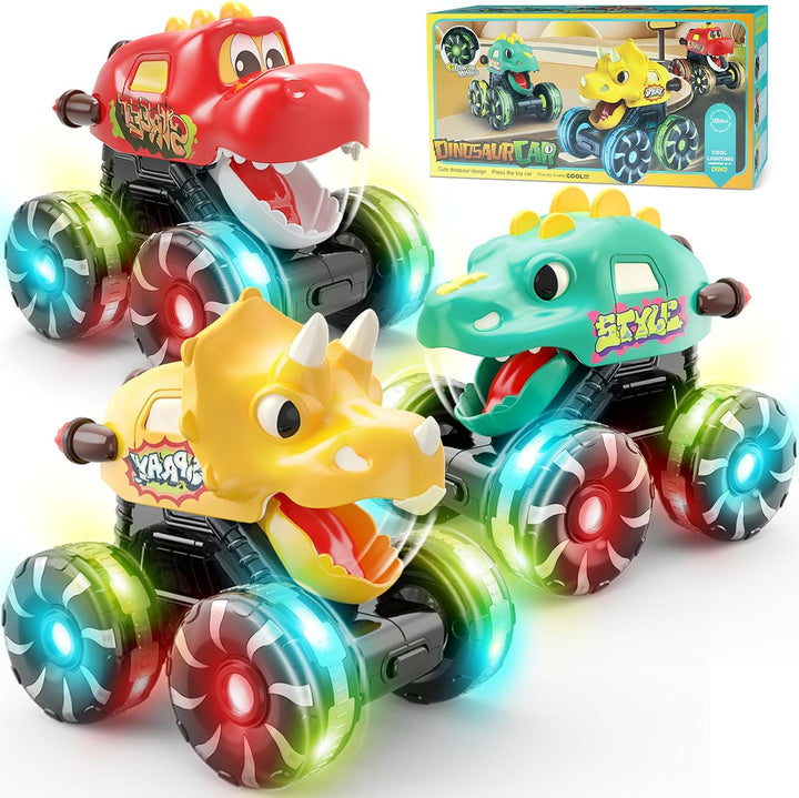 3 Pack Dinosaur Car Toys for Kids Toddlers, Light up Wheels Monster Truck Toys for Boys 2 3 4 5 6 7 8 Years Old Christmas Birthady Gifts Press & Go Dino Trucks Toy for Toddler Boy Baby
