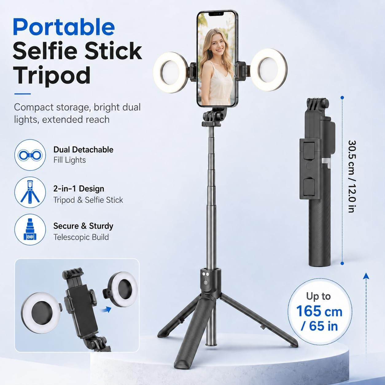 Black Tripod for Iphone with Light, Ring Light Holder for Iphone, Adjustable Selfie Stick Stand with Fill Light, Extendable Phone Tripod for Video Recording, Live Streaming, and Photography