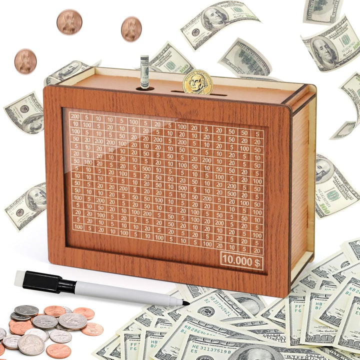 Money Saving Box 10K Cash Vault Savings Challenge Box for Adults,10 000 Wooden Piggy Bank with Money Target & Numbers,Money Box for Cash Saving 10000 Dollar, Birthday Xmas Gifts